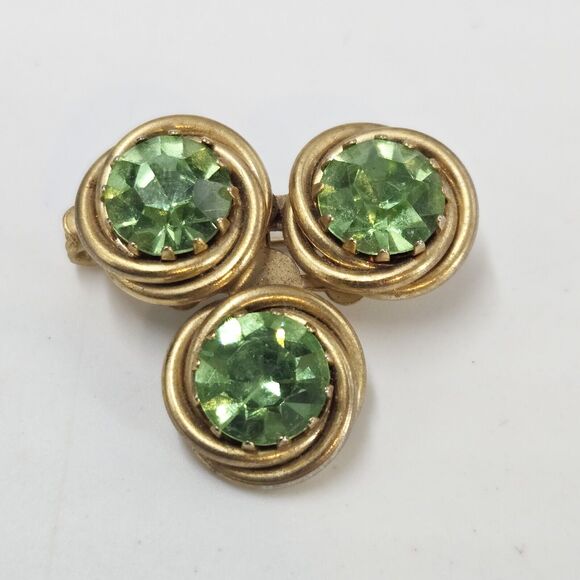 Antique Gold Filled Twist Love Knot Three Greeb Rhinestones C Clasp Brooch Pin - Picture 1 of 5